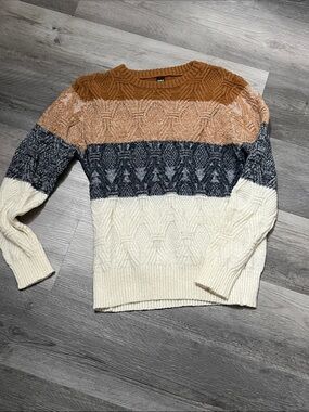 SHEIN Striped Cable-Knit Crewneck Sweater - Brown, Tan, Gray & Cream